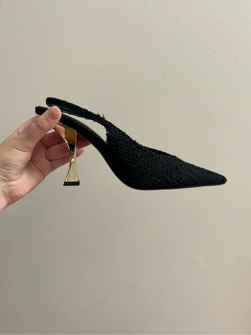 Zara Black Tweed Pointed Toe Sling Back Heels with Gold Tone Accents
